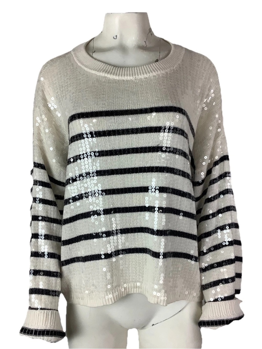 Loft Sz L 100% Cotton All Over Sequin Striped Raglan Sleeve Pullover Sweater
